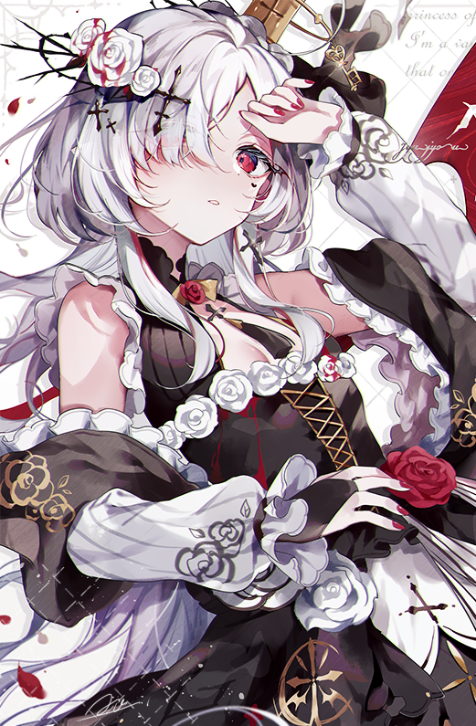 1girl arm_up black_dress black_gloves blood_on_flower center_cross_lace clothing_cutout coco7 collar collared_dress cross-laced_clothes cross-laced_dress cross_hair_ornament detached_sleeves dress english_text eyes_visible_through_hair falling_petals fingerless_gloves floral_print flower flower-trimmed_dress frilled_collar frilled_sleeves frills gloves grey_hair hair_flower hair_ornament hair_over_one_eye hair_vines hand_on_own_face key long_hair looking_at_viewer original parted_lips petals red_eyes red_flower red_nails red_rose rose solo striped_sleeves upper_body vampire very_long_hair white_flower white_rose white_sleeves