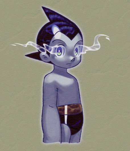 1boy android atom_(tetsuwan_atom) black_hair black_male_underwear briefs bright_pupils cowboy_shot cropped_legs expressionless eye_trail glowing glowing_eyes light_frown light_trail looking_at_viewer male_focus male_underwear short_hair solo spiked_hair tetsuwan_atom topless_male underwear white_pupils xxsky64xx