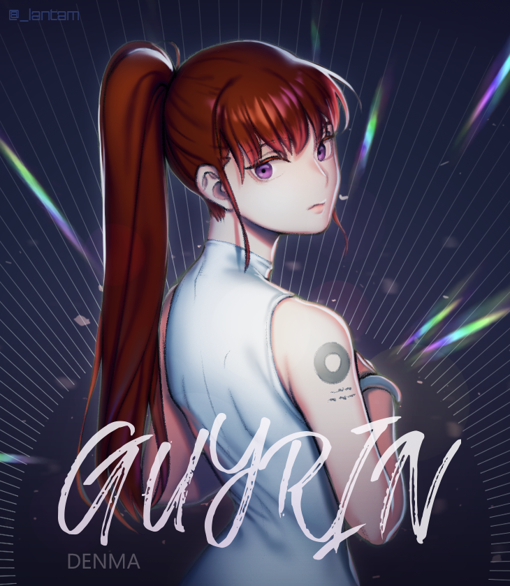 1girl artist_name bracelet brown_hair female_focus jewelry lantam long_hair looking_at_viewer original ponytail purple_eyes sidelocks simple_background sleeveless solo standing upper_body