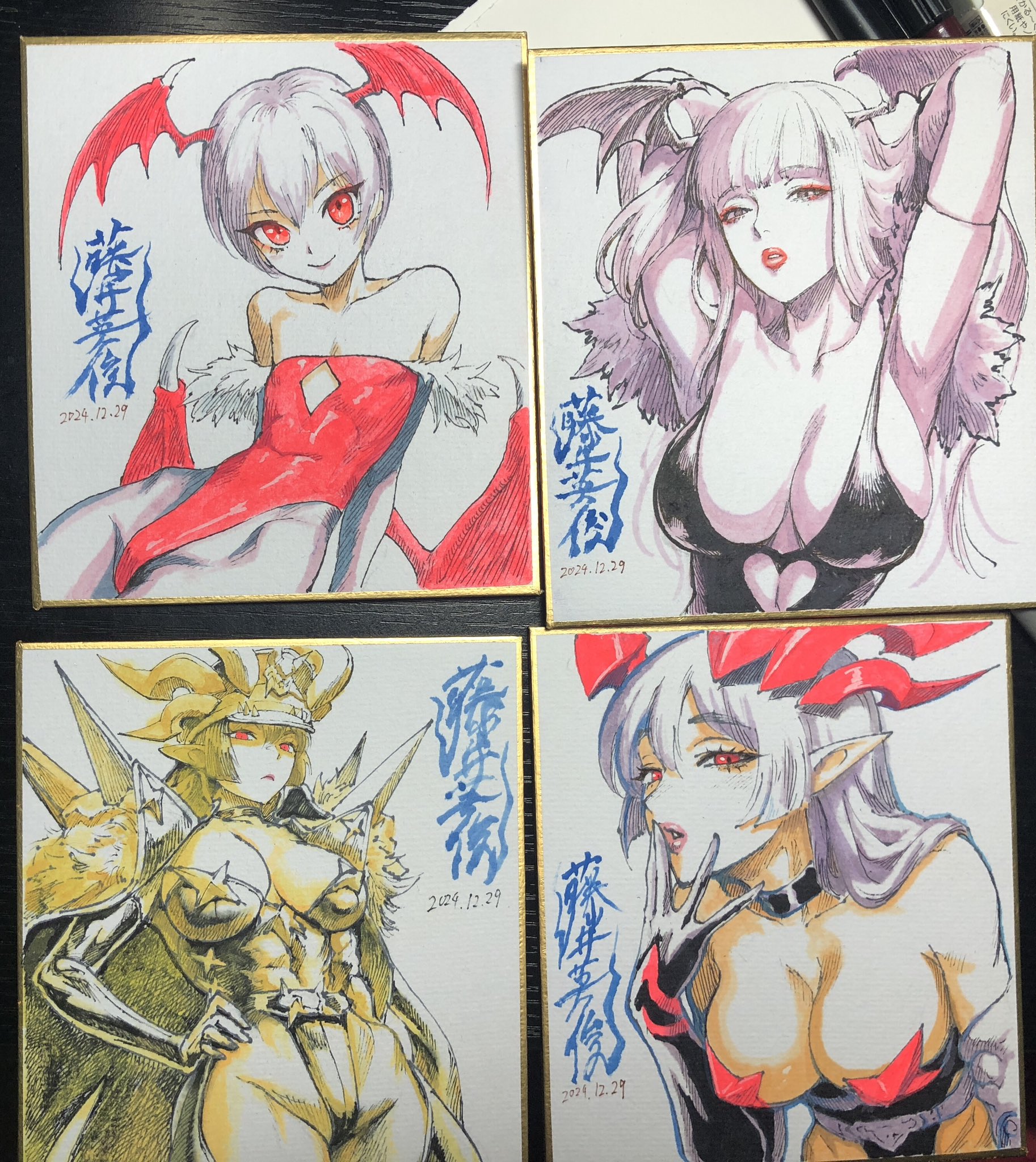 4girls artist_name blunt_bangs breasts character_request commentary_request darkstalkers fujii_eishun habaki_(fujii_eishun) highres horns leotard lilith_(darkstalkers) morrigan_aensland multiple_girls original pointy_ears red_eyes shikishi strapless strapless_leotard traditional_media upper_body