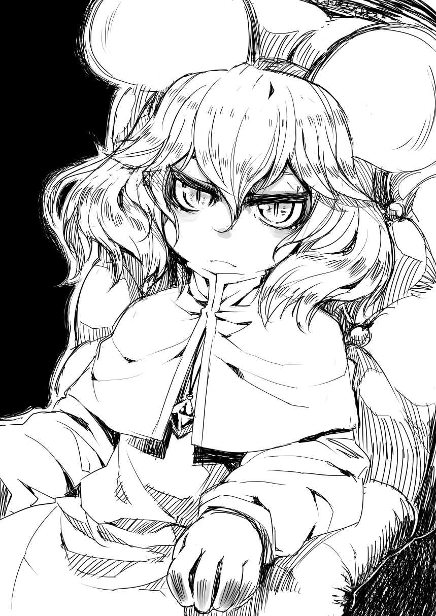 1girl animal_ears asakawa_remon capelet closed_mouth commentary_request cowboy_shot dress frown greyscale highres long_sleeves looking_at_viewer medium_hair monochrome mouse_ears nazrin solo touhou v-shaped_eyebrows