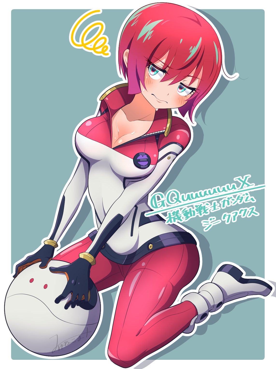 1girl amate_yuzuriha annoyed aqua_eyes ass blush bodysuit breasts closed_mouth gundam gundam_gquuuuuux haro highres holding mecha_pilot_suit multicolored_bodysuit myu_myu_sun normal_suit_(gundam) red_hair robot short_hair sitting sweatdrop wariza