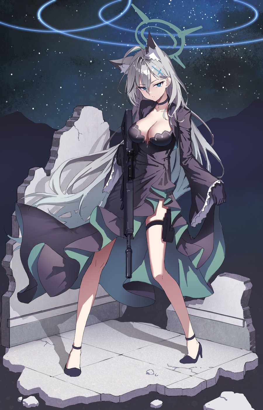 1girl animal_ears assault_rifle black_choker black_dress black_footwear black_gloves blue_archive blue_eyes breasts choker cleavage cross_hair_ornament dress full_body gloves green_halo grey_hair gun hair_ornament halo high_heels highres holding holding_gun holding_weapon holster large_breasts long_hair rifle ryuudog shiroko_(blue_archive) shiroko_terror_(blue_archive) sig_sauer sig_sauer_556 solo thigh_holster weapon wolf_ears wolf_girl