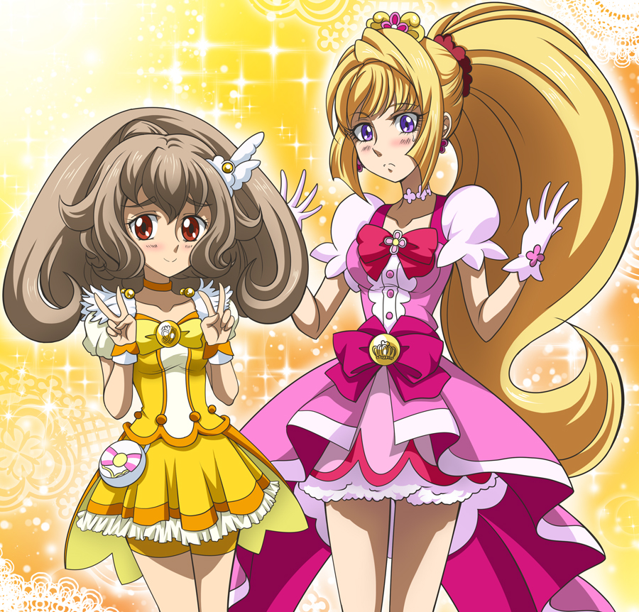 2girls atra_mixta bike_shorts blonde_hair bow brooch brown_hair choker cosplay cowboy_shot cure_flora cure_flora_(cosplay) cure_peace cure_peace_(cosplay) double_v gloves go!_princess_precure gundam gundam_tekketsu_no_orphans hair_flaps hanzou high_ponytail jewelry kanemoto_hisako kudelia_aina_bernstein long_hair magical_girl multiple_girls pink_bow pink_skirt ponytail precure purple_eyes red_eyes shimamura_yuu shorts shorts_under_skirt skirt smile smile_precure! v voice_actor_connection waist_bow white_gloves wrist_cuffs yellow_background yellow_bow yellow_shorts yellow_skirt