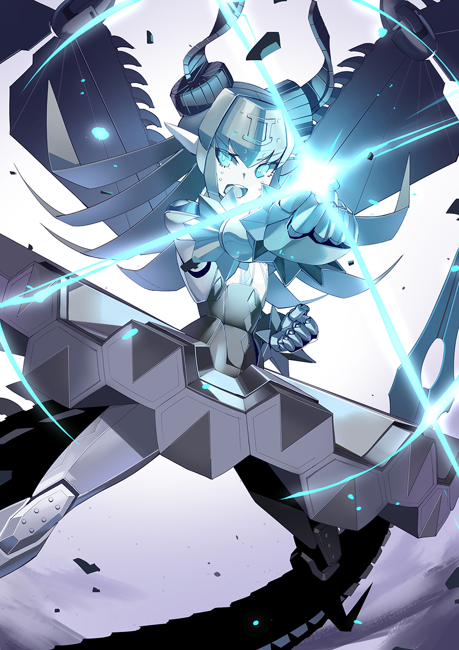 1girl blue_eyes clenched_hands commentary_request curled_horns dragon_girl dragon_horns dragon_tail dragon_wings dress elizabeth_bathory_(fate) fate/grand_order fate_(series) female_focus glowing grey_background grey_hair hair_between_eyes highres horns long_hair mecha_eli-chan_(fate) mecha_eli-chan_mk.ii_(fate) open_mouth outstretched_arm pleated_dress pointy_ears robot round_teeth solo soupchan sweat tail teeth upper_teeth_only v-shaped_eyebrows very_long_hair wings