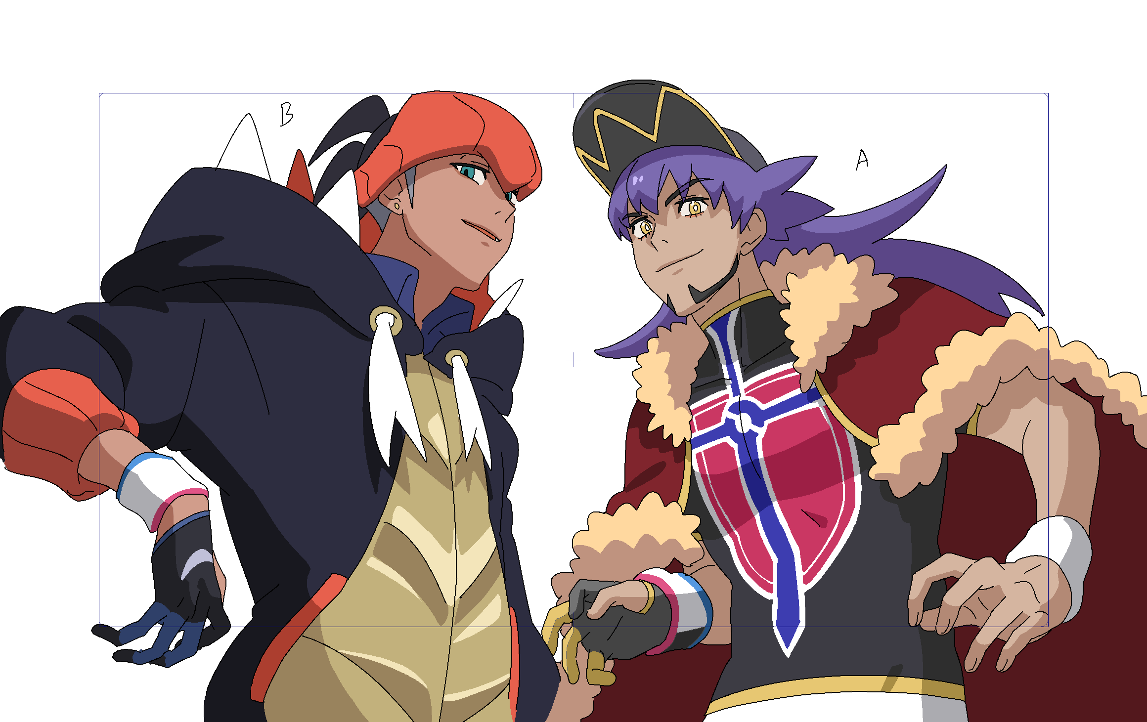 2boys black_hair black_hat black_hoodie black_shirt blue_shirt bright_pupils cape ch_walnut collared_shirt commentary dynamax_band earrings facial_hair fur-trimmed_cape fur_trim gloves green_eyes hat headband highres hood hood_down hoodie jewelry leon_(pokemon) long_hair male_focus multiple_boys nintendo open_mouth orange_headband partially_fingerless_gloves pokemon pokemon_swsh purple_hair raihan_(pokemon) red_cape shirt short_hair single_glove white_background white_pupils wristband yellow_eyes