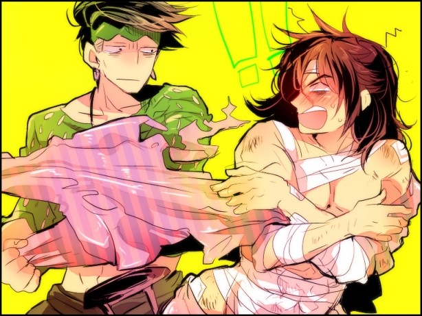 ! !! 2boys bakanoise bandages black_hair brown_hair hair_down headband higashikata_josuke jojo_no_kimyou_na_bouken kishibe_rohan multiple_boys open_mouth sadahara_inako torn_clothes