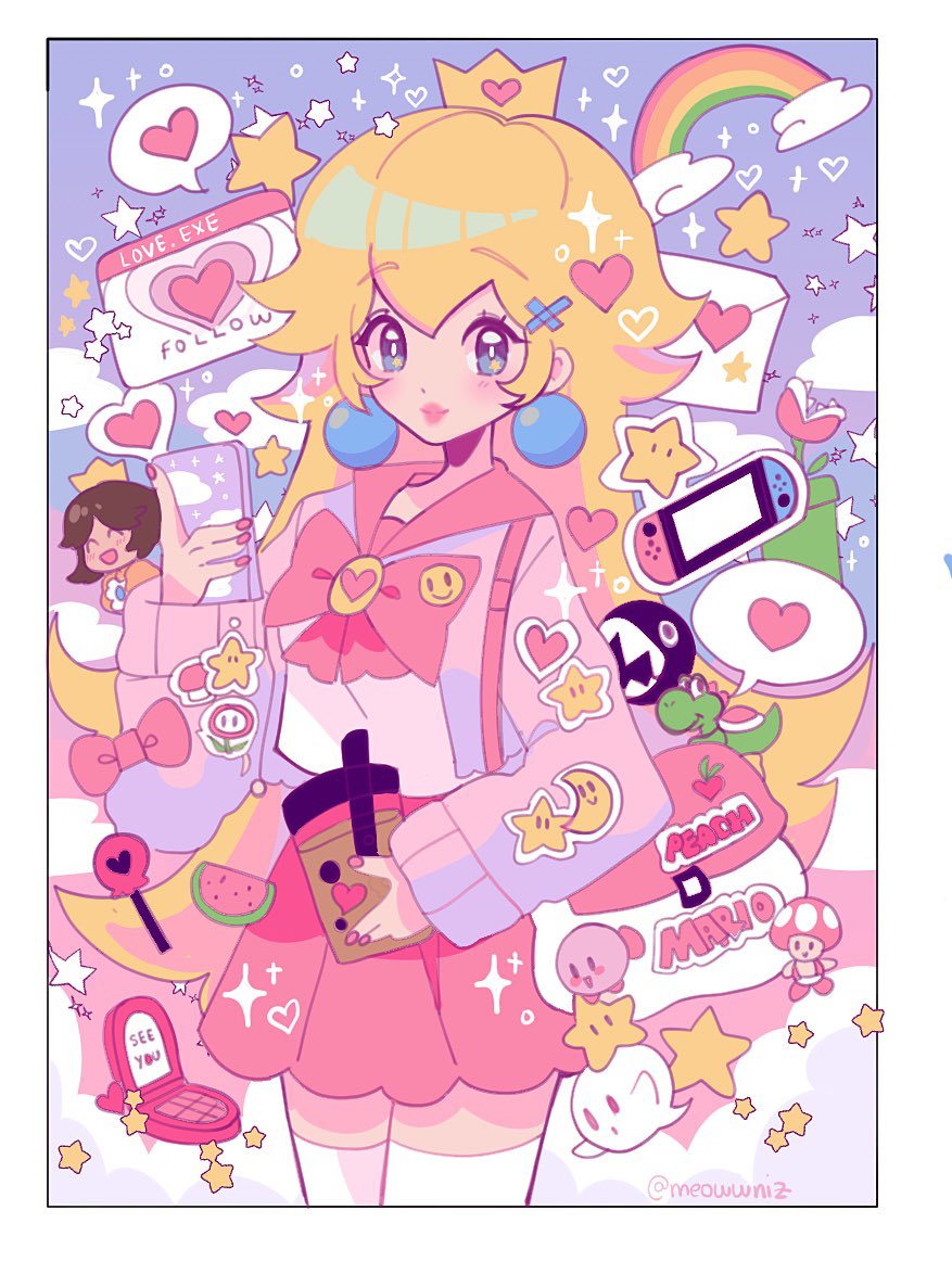 1girl alternate_costume blonde_hair blue_eyes boo_(mario) brown_hair chain_chomp character_doll earrings jewelry kirby kirby_(series) long_hair looking_at_viewer mario_(series) meowwniz nintendo nintendo_switch piranha_plant princess_daisy princess_peach school_uniform skirt smile sphere_earrings sticker toadette yoshi