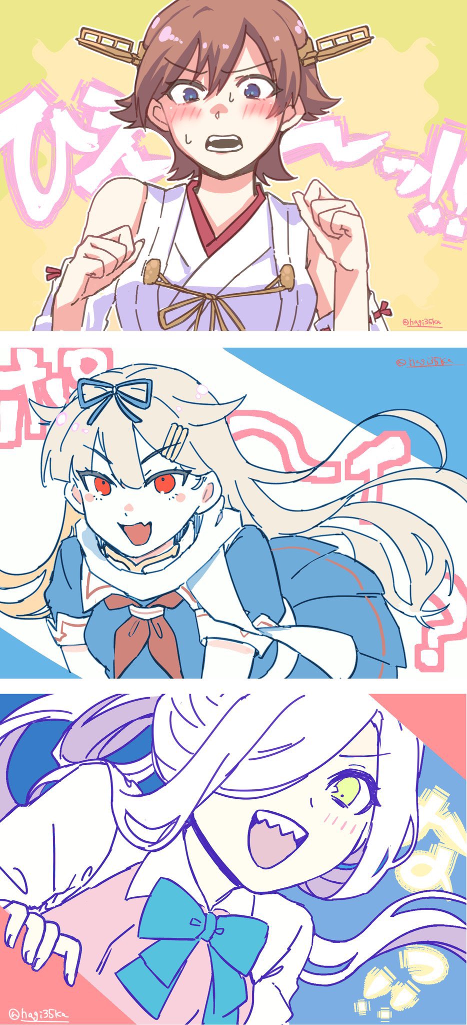 3girls aqua_bow aqua_bowtie asashimo_(kancolle) black_serafuku black_shirt black_skirt blonde_hair blue_eyes bow bowtie brown_hair detached_sleeves flipped_hair hagioshi hair_over_one_eye headgear hiei_(kancolle) highres kantai_collection long_hair multiple_girls neckerchief nontraditional_miko pleated_skirt ponytail red_eyes red_neckerchief sailor_collar sailor_shirt scarf school_uniform serafuku sharp_teeth shirt short_hair skirt teeth upper_body white_hair white_sailor_collar white_scarf yellow_eyes yuudachi_(kancolle) yuudachi_kai_ni_(kancolle)