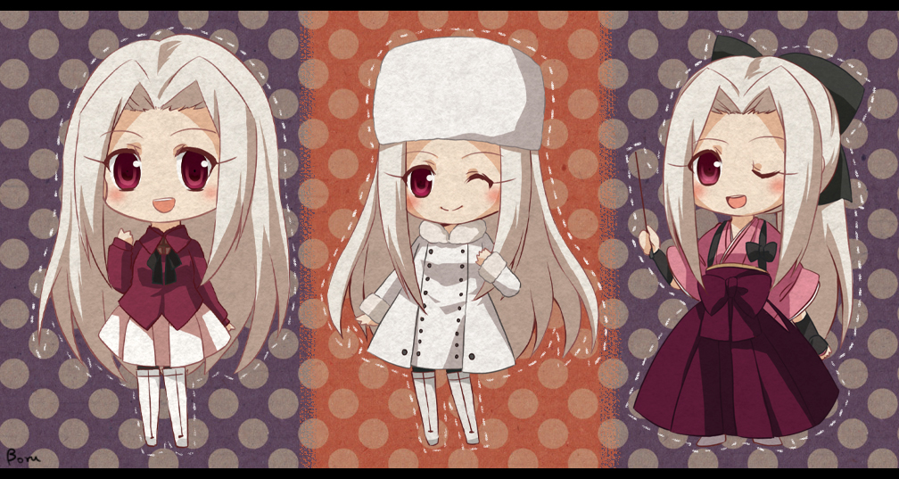 1girl 3boys blush boru-boru bow chibi coat dotted_line fate/zero fate_(series) hair_bow hat instructor_iri irisviel_von_einzbern japanese_clothes kimono long_hair multiple_boys official_alternate_costume one_eye_closed pantyhose ponytail red_eyes white_hair wink