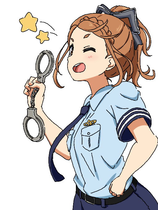 1girl 22/7 ;d belt black_belt black_ribbon blue_necktie blue_shirt blue_skirt braid brown_eyes brown_hair collared_shirt cosplay cowboy_shot cuffs from_side hair_ribbon hand_on_own_chest handcuffs high_ponytail holding holding_handcuffs igashiko kono_miyako looking_at_viewer necktie oekaki one_eye_closed open_mouth pencil_skirt police police_uniform policewoman ponytail ribbon shirt short_sleeves simple_background single_braid skirt smile solo teeth upper_teeth_only white_background white_ribbon wink_star