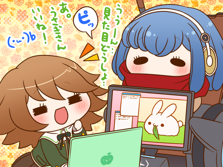 1boy 1girl apple black_eyes blue_hair bow bowtie brown_hair brown_shirt brown_skirt buttons chair chibi commentary_request computer covered_mouth crossdressing crossdressing_(mtf) danganronpa:_trigger_happy_havoc danganronpa_(series) danganronpa_3_(anime) dress_shirt eyelashes floral_background food fruit fujisaki_chihiro gekkogahara_miaya green_bow green_bowtie green_jacket hand_on_own_chin happy headphones jacket laptop layered_sleeves leaf light_blush long_sleeves looking_at_another machinery medium_hair miniskirt monitor notice_lines on_chair open_mouth pale_skin pleated_skirt pocket polka_dot polka_dot_background rabbit red_scarf sailor_collar scarf shirt sitting skirt smile solid_oval_eyes translation_request trap white_sailor_collar white_shirt yellow_background yumaru_(marumarumaru)