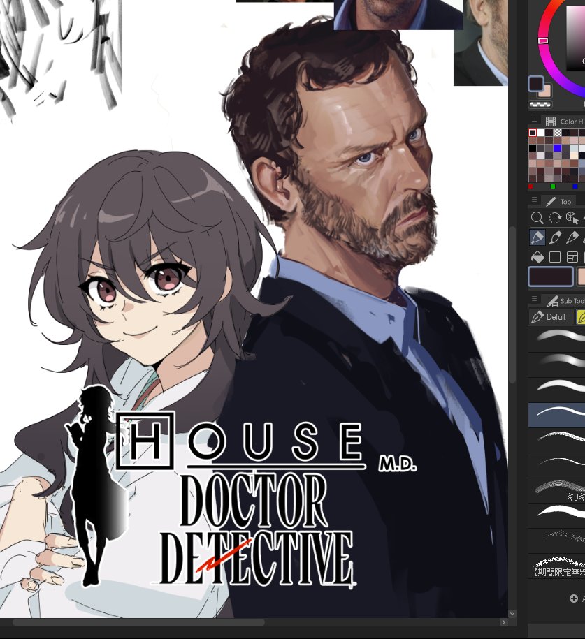 1boy 1girl ameku_takao ameku_takao_no_suiri_karte bear black_hair blue_eyes brown_eyes brown_hair crossover formal_clothes gregory_house house_m.d. kkaags lab_coat old old_man sketch suit tv_show