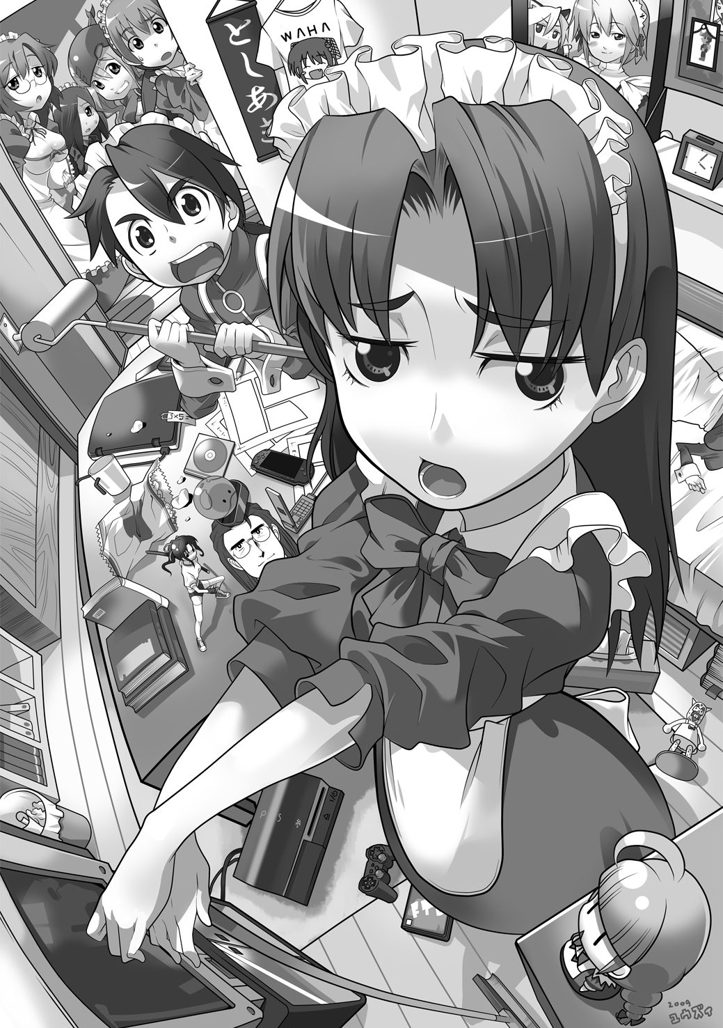 00s 2009 6+girls bed bedroom blush breasts broom cellphone character_request chips_(food) computer controller danbai dualshock dunbine food futaba_channel game_console game_controller gamepad glasses greyscale hair_over_one_eye handheld_game_console haro highres indoors kuso_miso_technique laptop large_breasts lint_roller long_hair looking_at_viewer maid_headdress me-tan medoi messy modoi monochrome multiple_girls nijiura_maids open_mouth os-tan phone playstation_3 playstation_controller playstation_portable potato_chips roller seisenshi_dunbine shirt short_hair smile t-shirt translated waha yamato_suzuran yaranaika yuuzii