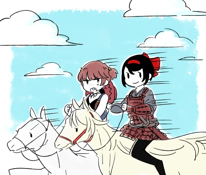 2girls alisa_(girls_und_panzer) alternate_costume angry animalization armor black_hair black_leggings black_pantyhose bow brown_hair cloud cloudy_sky cowboy_hat freckles girls_und_panzer girls_und_panzer_ribbon_no_musha hair_bow hair_ornament hat horse horseback_riding japanese_armor jealous katana leggings limited_palette matsukaze_rin mole mole_under_eye motion_lines multiple_girls no7f_gf official_alternate_costume pantyhose red_bow riding sash short_hair short_twintails single_leg_pantyhose sky smile speed_lines star_(symbol) star_hair_ornament sweatdrop sword tsuruki_shizuka twintails very_short_hair vest weapon