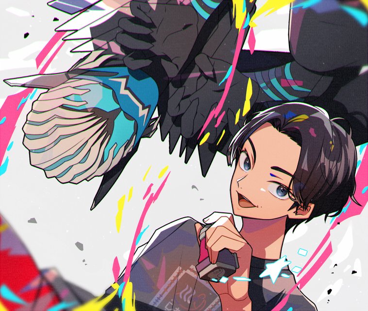 2boys armor black_armor blue_eyes blue_sky brown_hair commentary_request demon_boy fangs friends hair_slicked_back happy_spa henshin henshin_pose hito01 igarashi_ikki kamen_rider kamen_rider_revice long_fingers looking_at_viewer male_focus multiple_boys open_hand pointy_ears rex_genome sharp_teeth shirt short_hair sky splatter t-shirt teeth upside-down vice_(kamen_rider_revice) vistamp white_background white_hair