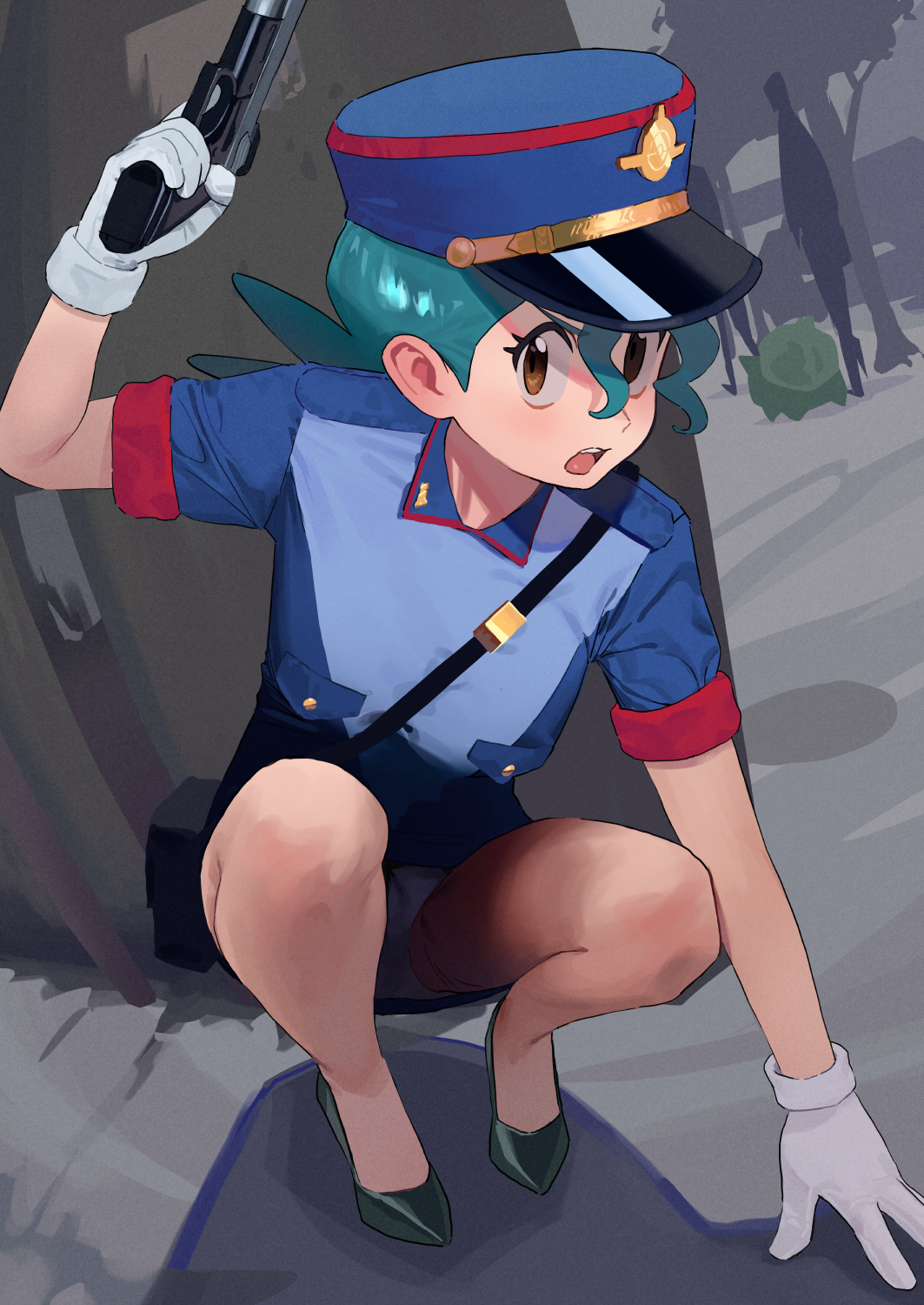 1girl blue_hair brown_eyes commentary gloves gun hat high_heels highres holding holding_gun holding_weapon jenny_(pokemon) looking_at_viewer nintendo open_mouth panties pantyshot pokemon pokemon_(anime) pokemon_(classic_anime) police police_hat police_uniform policewoman skirt solo_focus some1else45 squatting underwear weapon white_gloves white_panties