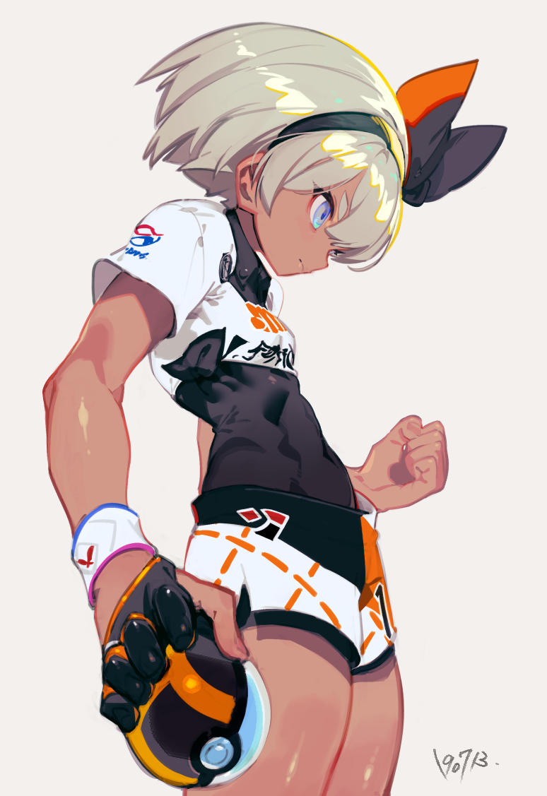 1girl abs bea_(pokemon) black_bodysuit black_hairband blue_eyes bodysuit bodysuit_under_clothes covered_navel dark-skinned_female dark_skin dated female_focus gloves grey_background grey_eyes grey_hair gym_leader hairband holding holding_poke_ball kodama_(wa-ka-me) nintendo poke_ball pokemon pokemon_swsh ribbon shirt short_hair short_sleeves shorts simple_background solo ultra_ball white_shirt wristband