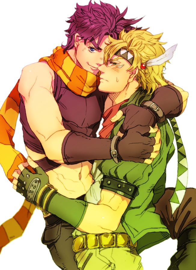 2boys 5_(femfamme) bad_id bad_pixiv_id black_hair blonde_hair blue_eyes blush caesar_anthonio_zeppeli crop_top facial_mark feather_hair_ornament feathers fingerless_gloves gloves green_eyes green_jacket hair_ornament headband hug jacket jojo_no_kimyou_na_bouken joseph_joestar joseph_joestar_(young) male_focus midriff multiple_boys navel scarf striped_clothes striped_scarf
