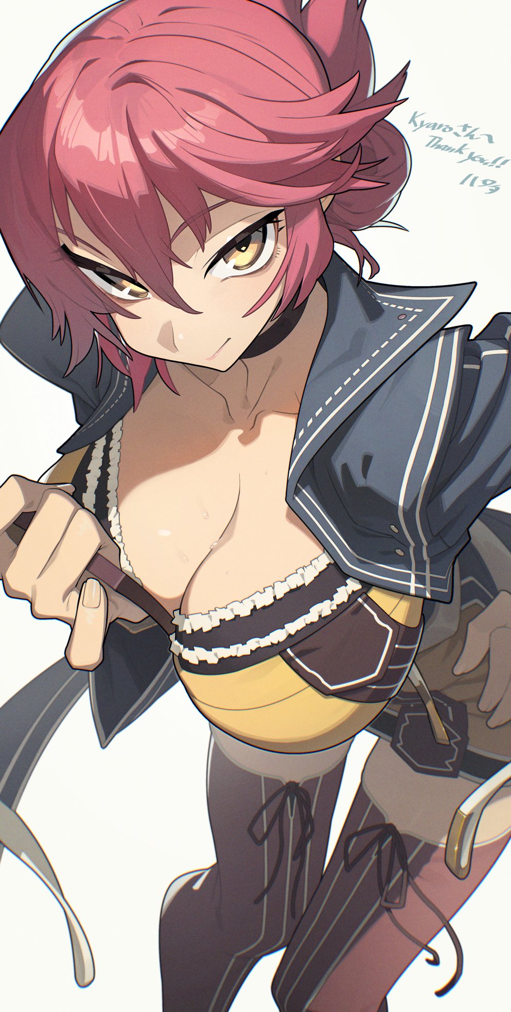 1girl black_choker blue_jacket breasts brown_thighhighs choker cleavage closed_mouth collarbone commentary commission cropped_jacket dress eiyuu_densetsu falcom feet_out_of_frame folded_ponytail frilled_dress frills from_above hair_between_eyes hand_on_own_hip hata4564 highres jacket large_breasts leaning_forward looking_at_viewer open_clothes open_jacket pink_hair sara_valestein sen_no_kiseki sen_no_kiseki_(series) sen_no_kiseki_i sen_no_kiseki_ii short_hair simple_background skeb_commission smile solo standing thighhighs white_background yellow_dress yellow_eyes zettai_ryouiki