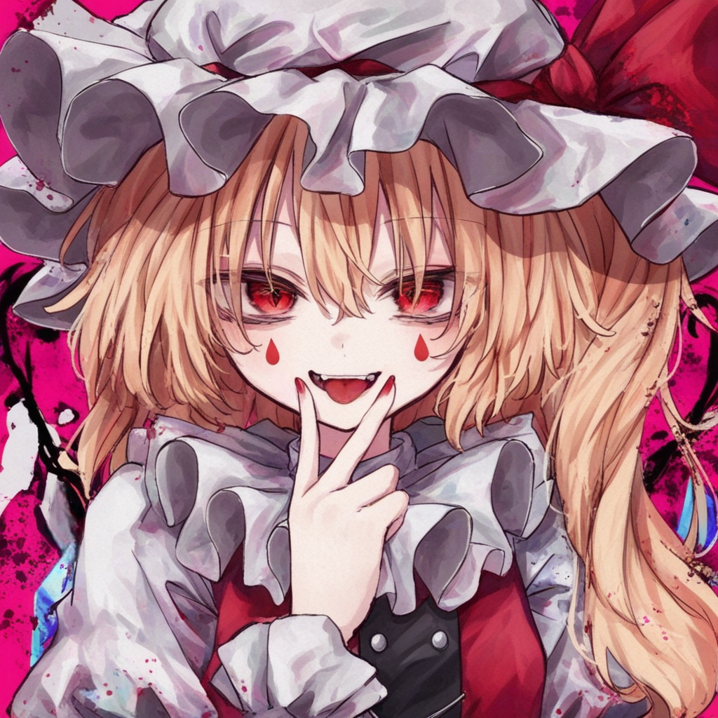 1girl ascot blonde_hair collar crystal crystal_wings fang fangs flandre_scarlet frilled_collar frilled_shirt_collar frills hair_between_eyes hat hat_ribbon long_hair looking_at_viewer mob_cap open_mouth puffy_sleeves red_eyes red_ribbon ribbon shirt side_ponytail simple_background smile solo tattoo teardrop_facial_mark teardrop_tattoo tongue tongue_out touhou upper_body v wgremory white_hat wings