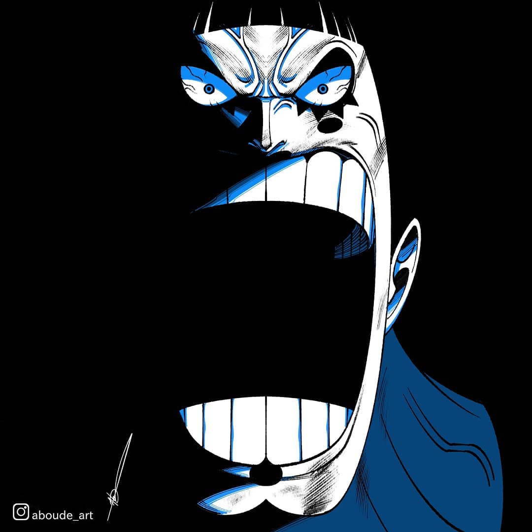 1boy aboude_art artist_name black_hair blunt_bangs bon_clay injury instagram_logo instagram_username limited_palette lipstick looking_at_viewer makeup male_focus one_piece open_mouth short_hair signature solo spot_color teeth