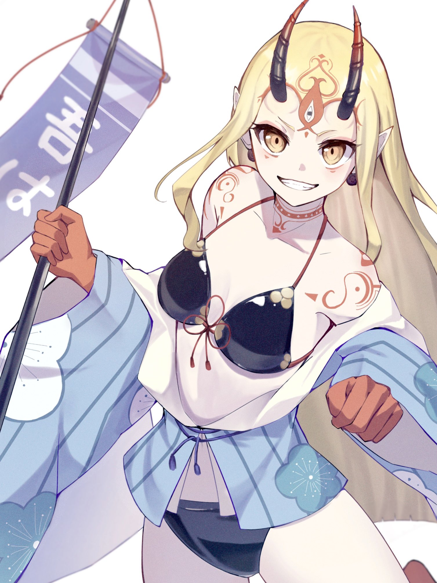 1girl banner bikini black_bikini blonde_hair earrings fate/grand_order fate_(series) grin highres horns ibaraki_douji_(fate) ibaraki_douji_(fate/grand_order) ibaraki_douji_(swimsuit_lancer)_(fate) ibaraki_douji_(swimsuit_lancer)_(first_ascension)_(fate) jewelry long_hair oni_horns papukin pointy_ears smile swimsuit tattoo white_background wide_sleeves yellow_eyes
