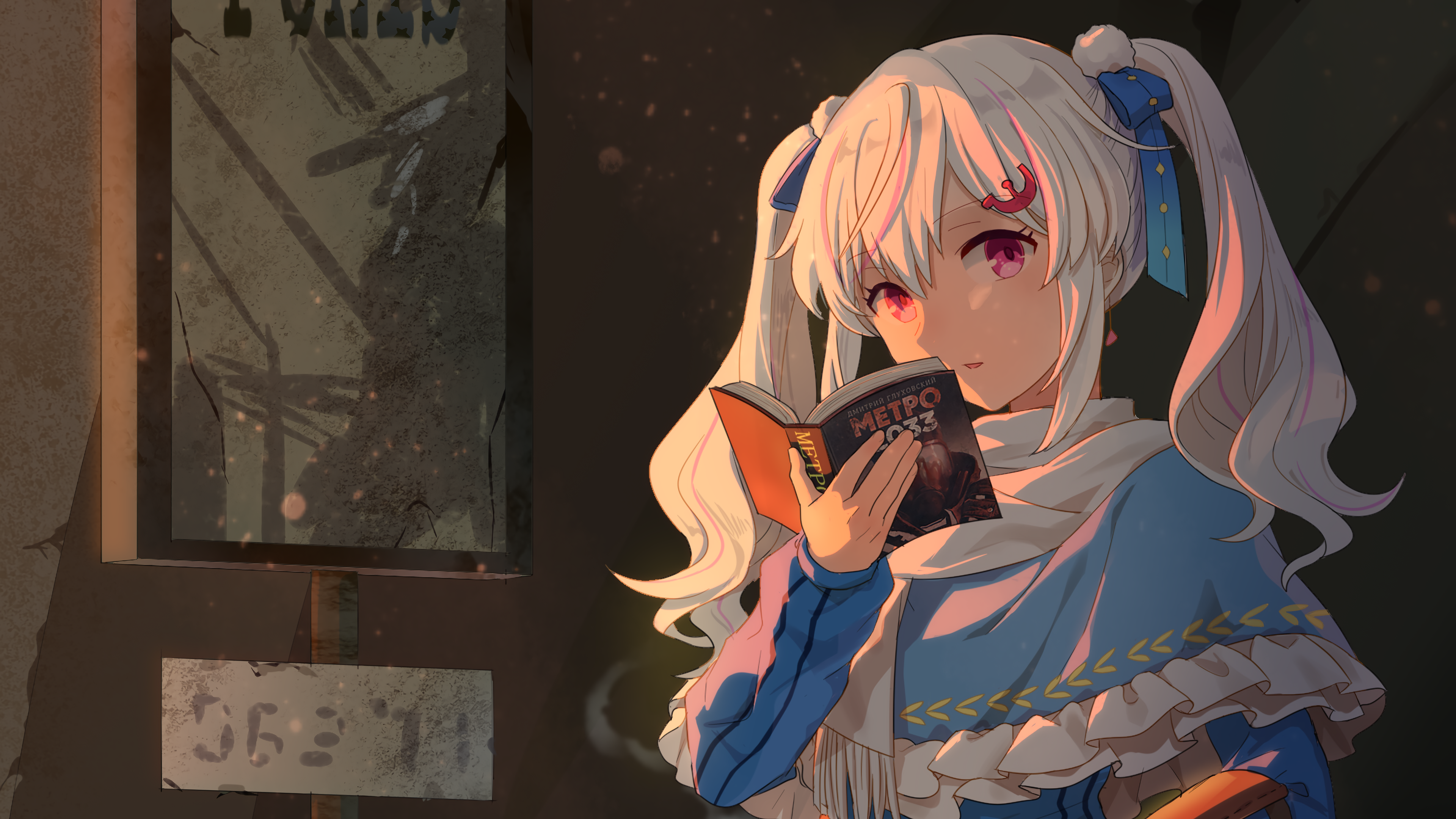 1girl absurdres artist_request blue_bow blue_capelet book bow capelet commission frilled_capelet frills hair_between_eyes hair_bow hair_ornament hair_ribbon hammer_and_sickle highres holding holding_book indie_virtual_youtuber long_hair long_sleeves looking_at_viewer lucca_project metro_2033 multicolored_hair open_book parted_lips pink_eyes pink_hair ribbon sasha_krik scarf second-party_source solo streaked_hair twintails upper_body white_hair white_scarf