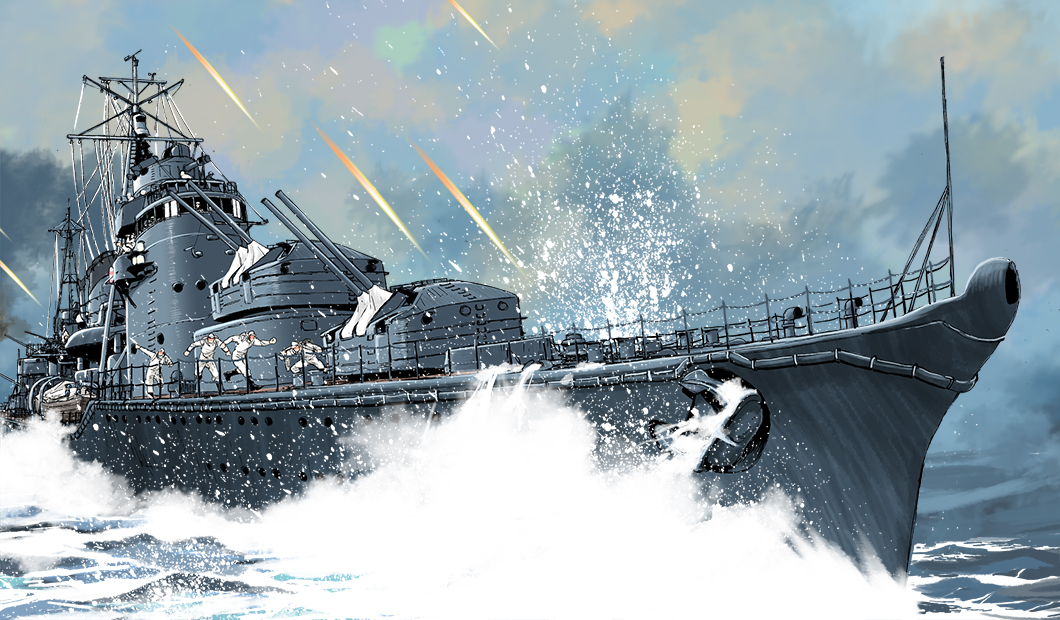 6+boys akizuki_(destroyer) anchor cloud commentary day lifeboat lifebuoy mast matsuda_juukou military_vehicle multiple_boys ocean original outdoors projectile_trail realistic running ship ship_turret sky smokestack splashing swim_ring vehicle_focus warship water watercraft world_war_ii