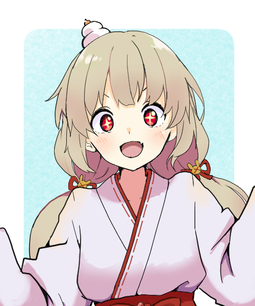1girl :d alternate_costume blush commentary_request fang food hakama japanese_clothes kimono light_brown_hair long_hair long_sleeves looking_at_viewer low_twintails miko mochi natori_sana natori_sana_(miko) obi open_mouth red_eyes red_hakama red_sash sana_channel sash skin_fang smile solo sparkling_eyes twintails upper_body v-shaped_eyebrows virtual_youtuber white_kimono wide_sleeves youasato