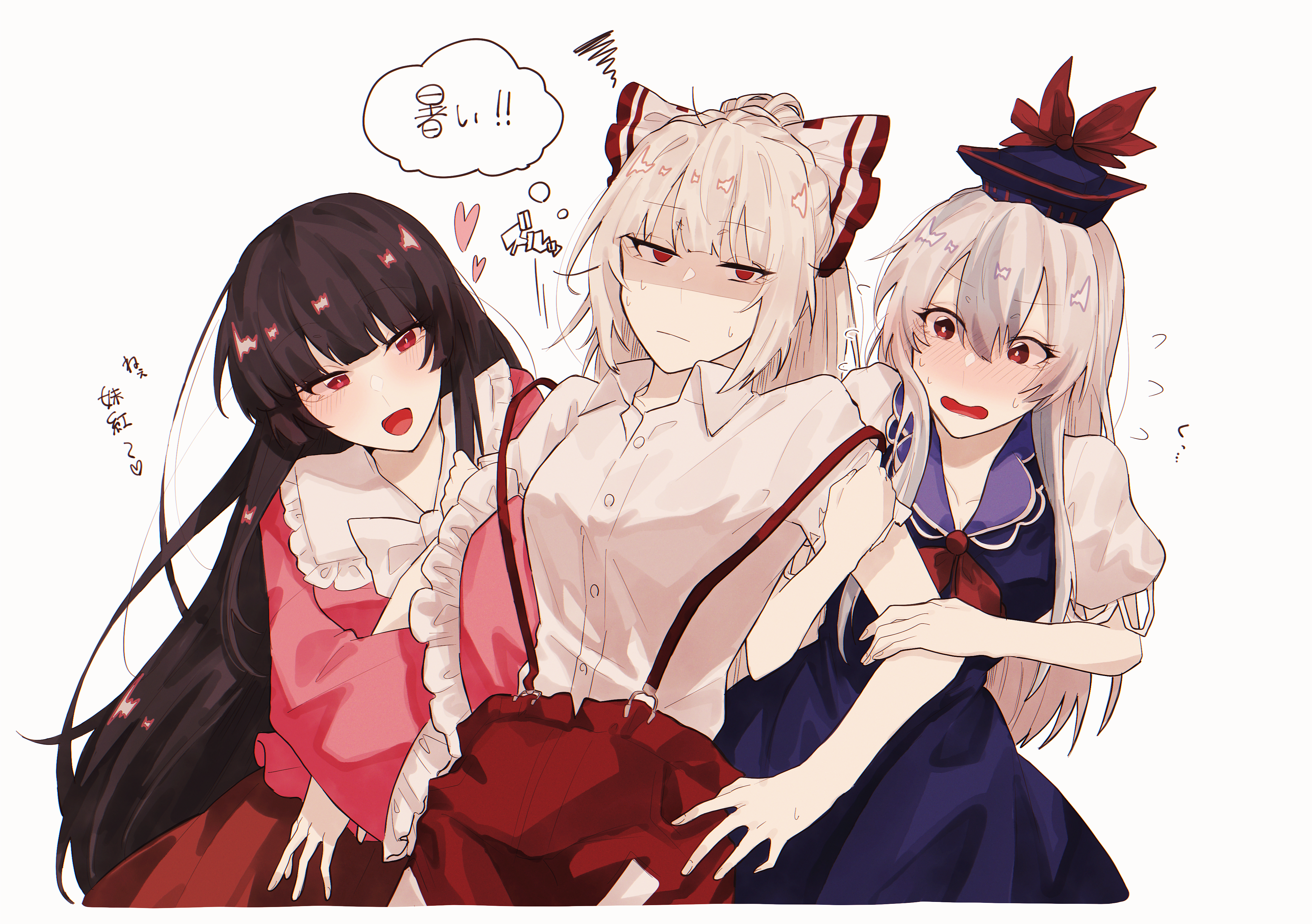 3girls absurdres blouse blue_dress blush bow bowtie breasts brown_hair buttons closed_mouth collared_dress collared_shirt dress eyelashes eyes_visible_through_hair frills fujiwara_no_mokou grey_hair hair_between_eyes hair_bow half-closed_eyes hands_up hat hat_ornament heart highres houraisan_kaguya jealous kamishirasawa_keine long_hair long_sleeves looking_at_another love_triangle medium_breasts multicolored_bow multiple_girls ofuda ofuda_on_clothes open_mouth pants pink_shirt puffy_short_sleeves puffy_sleeves red_bow red_eyes red_pants red_ribbon red_skirt ribbon shirt short_sleeves sidelocks simple_background skirt smile somei_ooo speech_bubble standing thought_bubble touhou translated white_background white_bow white_bowtie white_hair white_shirt wide_sleeves yuri