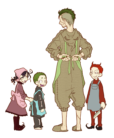 1girl 3boys apron barrel_(nbc) cloak dress dressing headscarf kiri_futoshi lock_(nbc) multiple_boys oogie_boogie pink_headscarf red_dress shock_(nbc) short_hair simple_background standing the_nightmare_before_christmas very_short_hair white_background