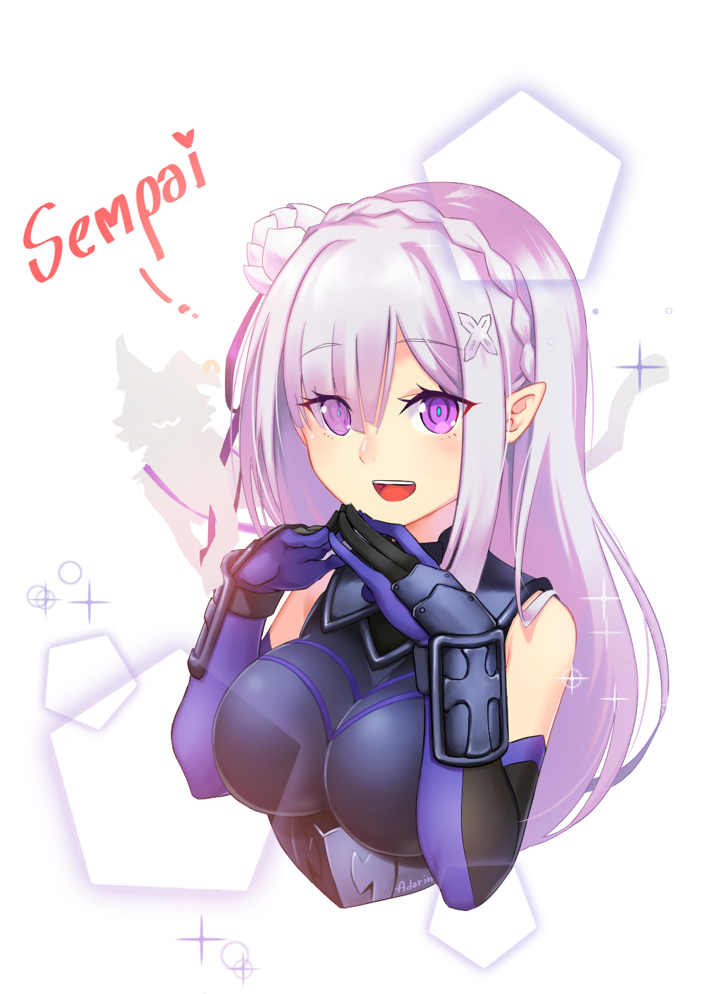 1girl adarin braid breasts color_connection commentary cosplay cropped_torso crown_braid elbow_gloves emilia_(re:zero) fate/grand_order fate_(series) gloves hair_color_connection hair_ornament highres impossible_clothes large_breasts long_hair mash_kyrielight mash_kyrielight_(cosplay) mash_kyrielight_(demi-servant) multicolored_hair pentagon_bubbles pink_hair pointy_ears purple_eyes re:zero_kara_hajimeru_isekai_seikatsu solo sparkle takahashi_rie two-tone_hair upper_body voice_actor_connection x_hair_ornament