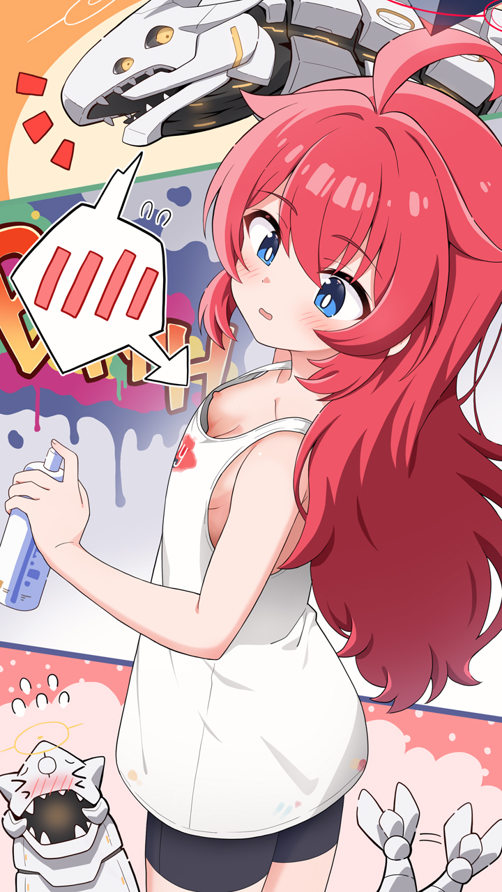 &gt;_&lt; 1girl ahoge arrow_(symbol) binah_(blue_archive) black_shorts blue_archive blue_eyes blush breasts bright_pupils character_name commentary_request cowboy_shot embarrassed flying_sweatdrops from_side hair_down halo highres holding_spray_can long_hair looking_down maki_(blue_archive) maki_(pajamas)_(blue_archive) motion_lines nipple_slip nipples notice_lines official_alternate_costume official_alternate_hairstyle open_mouth paid_reward_available pajamas red_hair red_halo shirt shorts simple_background sleeveless sleeveless_shirt small_breasts solo speech_bubble spoken_blush tail tail_wagging variant_set white_pajamas white_pupils white_shirt yellow_halo yuuma_(skirthike)