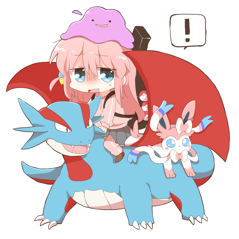 ! 1girl blue_eyes bocchi_the_rock! brown_footwear chibi crossover cube_hair_ornament ditto gen_1_pokemon gen_3_pokemon gen_6_pokemon gotoh_hitori grey_skirt hair_between_eyes hair_ornament instrument_case jacket long_hair long_sleeves nintendo one_side_up pants pants_under_skirt pink_hair pink_jacket pink_pants pleated_skirt poke_ball poke_ball_(basic) pokemon pokemon_(creature) puffy_long_sleeves puffy_sleeves rebecca_(keinelove) riding salamence shoes simple_background skirt small_sweatdrop spoken_exclamation_mark sweat sylveon track_jacket track_pants track_suit very_long_hair white_background