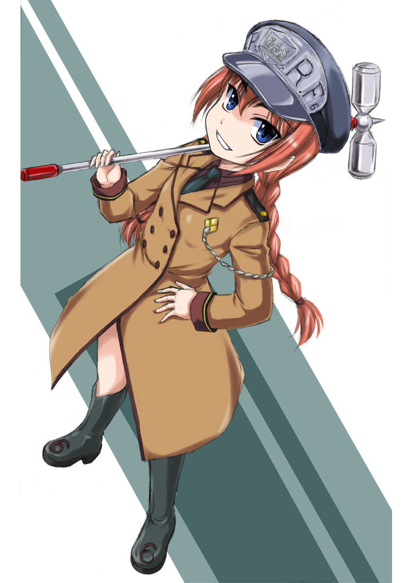 00s 1girl black_boots black_shirt blue_eyes boots braid brown_coat coat dress_shirt female_focus graf_eisen grin hair_ornament hammer hat highres long_coat long_sleeves lyrical_nanoha mahou_shoujo_lyrical_nanoha_strikers military military_uniform necktie orange_hair red_hair shirt smile solo twin_braids vita_(nanoha) wan&#039;yan_aguda