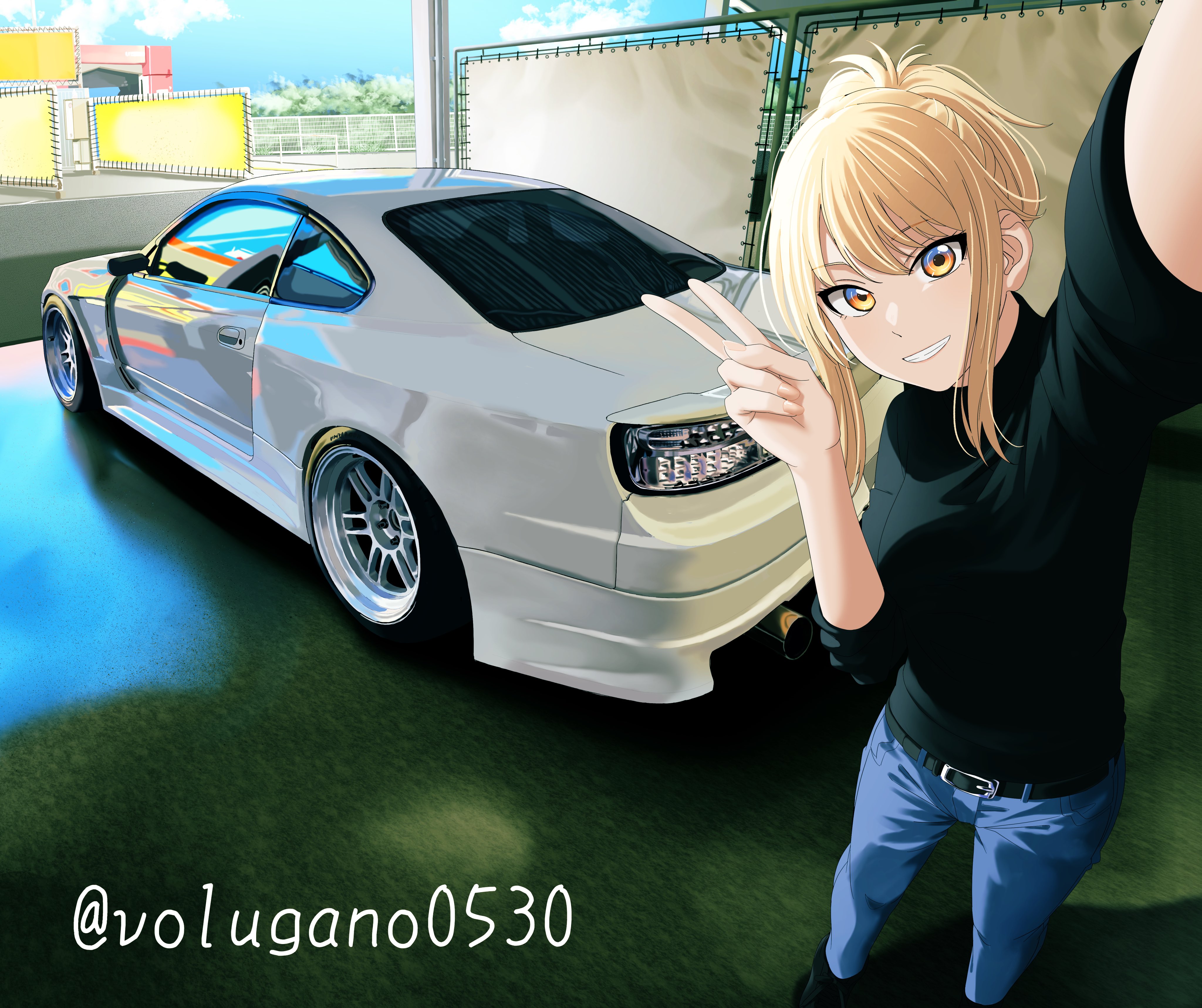 1girl absurdres black_shirt blonde_hair blue_pants blue_sky car commentary_request day foot_out_of_frame grin highres love_live! love_live!_nijigasaki_high_school_idol_club medium_hair miyashita_ai motor_vehicle nissan_silvia orange_eyes outdoors pants ponytail s_sho_mkrn selfie shirt sky three-quarter_sleeves smile solo twitter_username v white_car