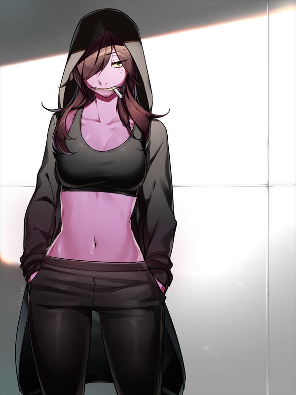 1girl black_pants breasts brown_hair cleavage colored_skin crop_top deltarune freckles hair_over_one_eye hands_in_pockets hood hp_nokoketaetouyona indoors long_hair looking_at_viewer medium_breasts midriff mouth_hold navel pants pink_skin standing susie_(deltarune) yellow_eyes
