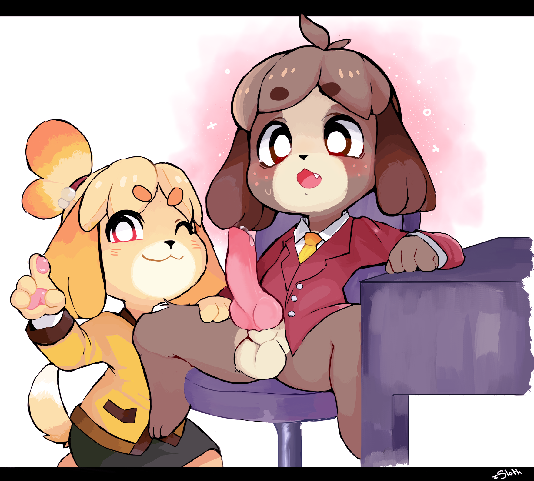 ls инцест zsloth, digby (animal crossing), isabelle (animal crossing), animal  crossing, nintendo, orange neckwear, highres, 1boy, 1girl, :3, animal ears,  animal hands, animal penis, antenna hair, artist name, barefoot, bell,  blonde hair, blouse, blush,