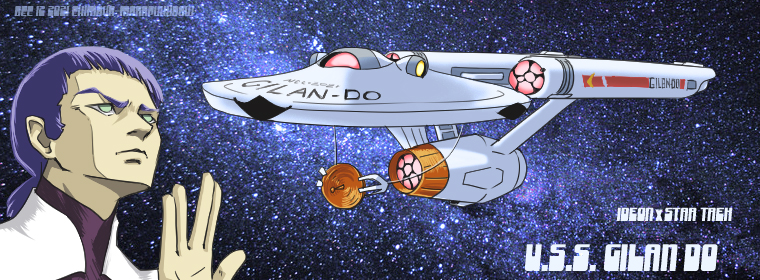 aoneco blue_hair character_name copyright_name cosplay crossover densetsu_kyojin_ideon gije_zaral grey_eyes hand_up ponytail salute space spacecraft spock spock_(cosplay) star_(sky) star_trek star_trek:_the_original_series vulcan_salute