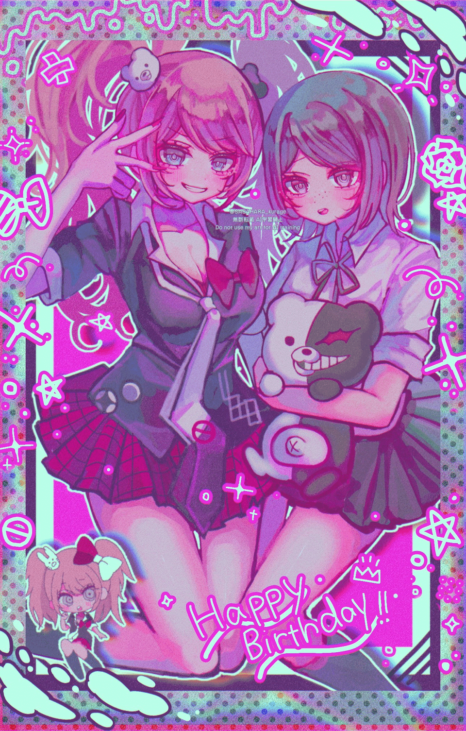 bear_hair_ornament black_hair black_skirt blonde_hair blue_eyes blush bow breasts kneehighs cleavage collarbone danganronpa:_trigger_happy_havoc danganronpa_(series) enoshima_junko eyebrows eyelashes green_bow green_ribbon grey_eyes hair_ornament highres holding holding_stuffed_animal holding_stuffed_toy ikusaba_mukuro looking_at_viewer monokuma neck_ribbon open_mouth parted_bangs pink_background pleated_skirt polka_dot polka_dot_border red_bow red_skirt ribbon sasahara_kurage short_sleeves siblings sisters skirt smile stuffed_animal stuffed_toy teeth twins twintails