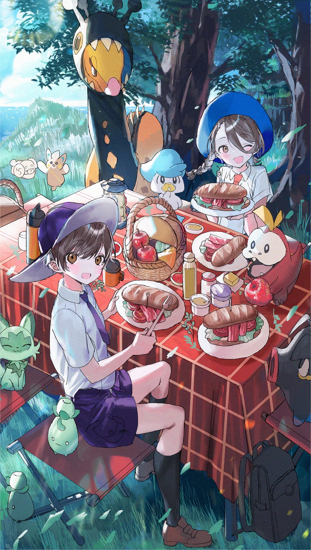1boy 1girl black_bag black_socks blue_hat blush braid brown_eyes brown_hair brown_shoes checkered_tablecloth cloud cloudy_sky collared_shirt commentary_request cup falling_leaves farigiraf fidough florian_(pokemon) food fork fruit fuecoco full_body hair_between_eyes hat highres holding holding_fork holding_plate juliana_(pokemon) lamp leaf lechonk looking_at_viewer medium_hair nana_tetra nature necktie nintendo on_chair one_eye_closed open_mouth pawmo picnic_basket plate pokemon pokemon_(creature) pokemon_sv purple_hat purple_necktie purple_shorts quaxly red_necktie sandwich shirt shoes short_hair shorts sitting sky smoliv socks sprigatito sunlight table tree upper_body white_shirt wind