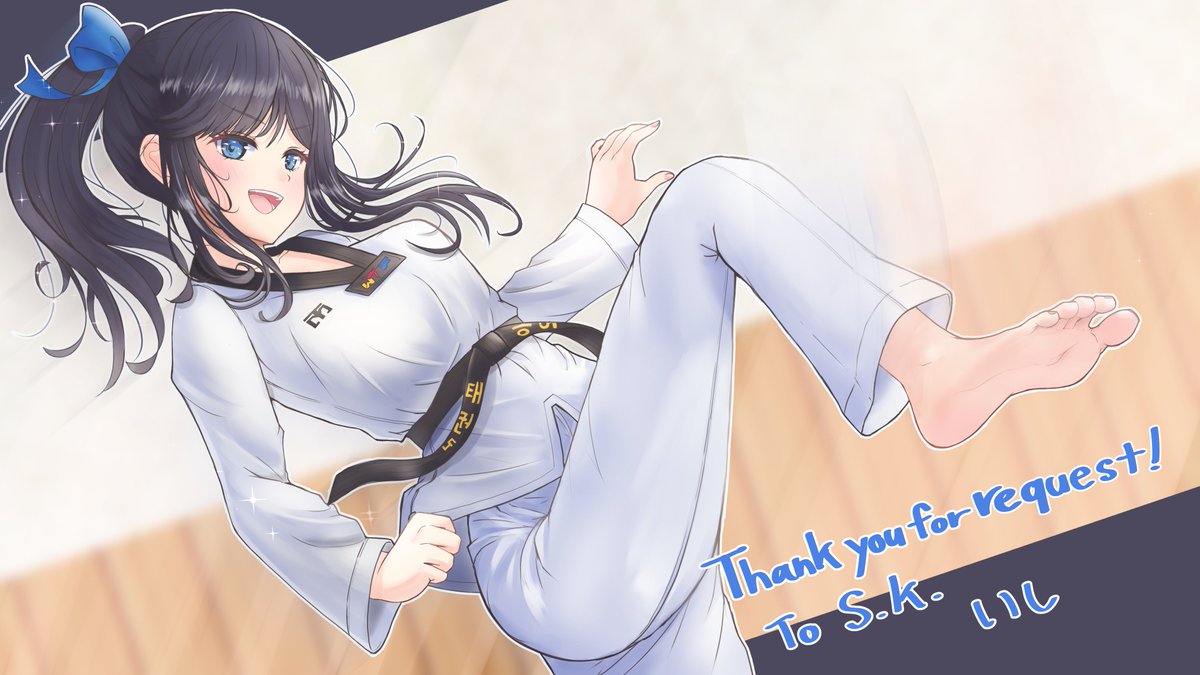 1girl barefoot belt black_belt black_hair blue_bow blue_eyes bow breasts clenched_hand collarbone commentary commission commissioner_name dojo dougi english_commentary feet indoors ishi_(user_vcwg3733) knee_up light_blush long_bangs long_hair looking_at_viewer looking_to_the_side medium_breasts open_mouth original ponytail second-party_source shion_aoyama smile soles solo sparkle teeth thank_you toenails tongue upper_teeth_only