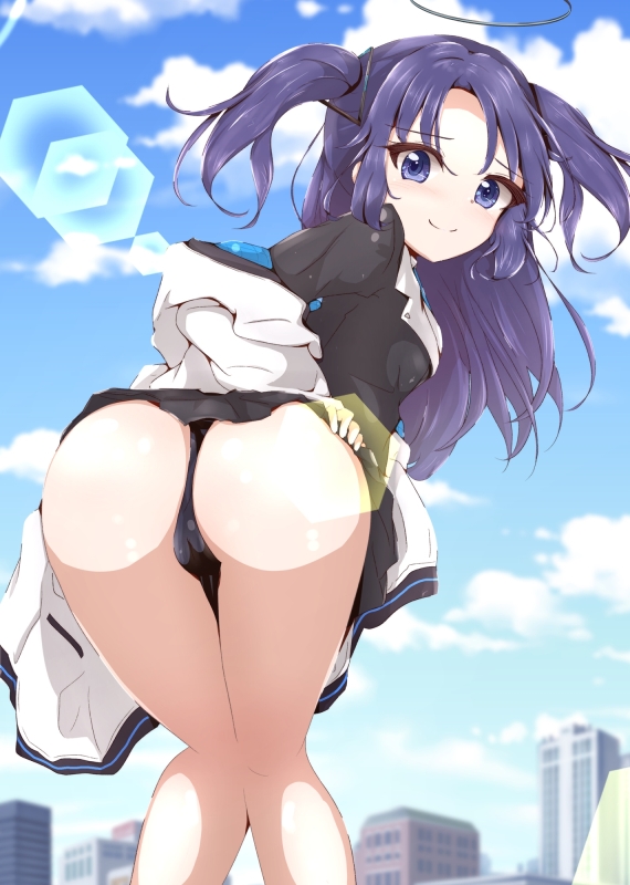 1girl bare_legs black_panties black_shirt black_skirt blue_archive breasts closed_mouth clothes_lift day embarrassed excited eyelashes feet_out_of_frame female_focus from_behind jacket jacket_partially_removed leaning_forward long_hair looking_at_viewer looking_back matching_hair/eyes outdoors panties petite purple_eyes purple_hair shirt skirt skirt_lift small_breasts smile solo two_side_up underwear white_jacket yuuka_(blue_archive) yuzukiaz