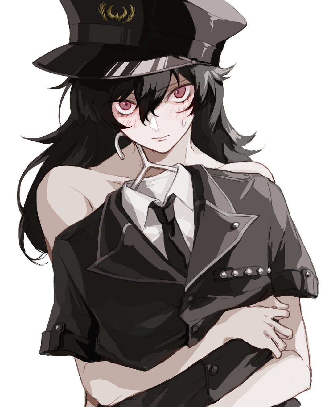 1boy amamiya_ren black_hair black_necktie blush clothes_hanger collarbone crossdressing hair_between_eyes hat highres holding holding_unworn_clothes jacket long_hair looking_at_viewer male_focus necktie persona persona_5:_dancing_star_night persona_dancing pink_eyes police police_hat police_uniform saichuu_(more1208) shadow shoes simple_background solo sweatdrop trap unworn_jacket unworn_shoes upper_body white_background