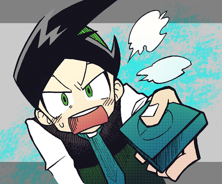 1boy arm_up black_hair blue_necktie blush constricted_pupils controller dutch_angle green_eyes green_hair green_vest holding holding_remote_control looking_at_viewer lowres male_focus minashirazu multicolored_hair necktie nervous nintendo open_mouth outstretched_arm pokemon pokemon_dppt puff_of_air remote_control shirt short_hair solo straight-on sweat teeth thorton_(pokemon) two-tone_hair upper_body v-shaped_eyebrows vest white_shirt