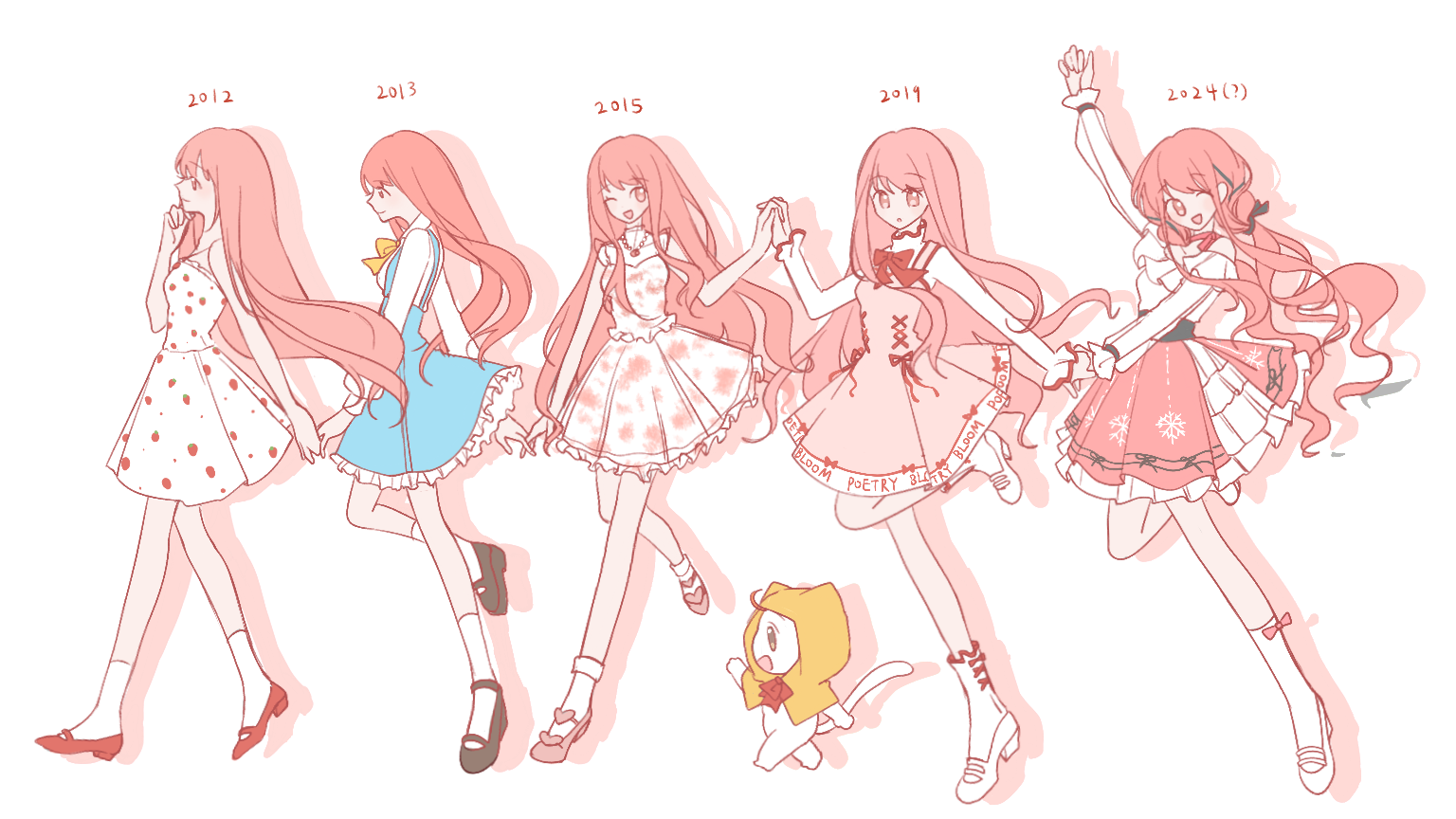 2012 2013 2015 2019 2024 5girls :o ? age_progression animal ankle_socks arm_up bare_arms bare_shoulders bead_necklace beads belt black_belt black_bow blue_dress blunt_bangs bow bow_choker bow_legwear bow_skirt bowtie brown_eyes brown_footwear capelet cat choker closed_mouth clothed_animal clothes_writing covered_collarbone cross-laced_clothes cross-laced_dress cross-laced_legwear dress dress_bow drop_shadow ear_covers floating_hair floral_print flower flower_necklace food_print frilled_dress frilled_shirt frilled_skirt frills fruit_print full_body hair_bow hand_on_own_chest happy heart high_heels holding_hands hood hood_up hooded_capelet infinity_nikki interlocked_fingers jewelry jianuannuannuan layered_skirt long_hair long_sleeves looking_ahead looking_at_another looking_at_viewer low_twintails mary_janes miniskirt miracle_nikki momo_(nikki) multiple_girls necklace nikki_(nikki) nikki_(series) nikki_up2u nikki_up2u2:_world_traveller off-shoulder_shirt off_shoulder one_eye_closed pinafore_dress pink_bow pink_bowtie pink_choker pink_dress pink_hair pink_shoes pink_skirt pleated_dress pleated_skirt procreate_(medium) pumps red_bow red_bowtie red_flower red_footwear red_rose rose rose_print shining_nikki shirt shoes short_dress sidelocks simple_background skirt sleeveless sleeveless_dress sleeveless_shirt smile snowflake_print socks strapless strapless_dress strawberry_print turtleneck turtleneck_shirt twintails very_long_hair walking white_background white_cat white_dress white_footwear white_shirt white_skirt white_socks yellow_bow yellow_bowtie yellow_capelet