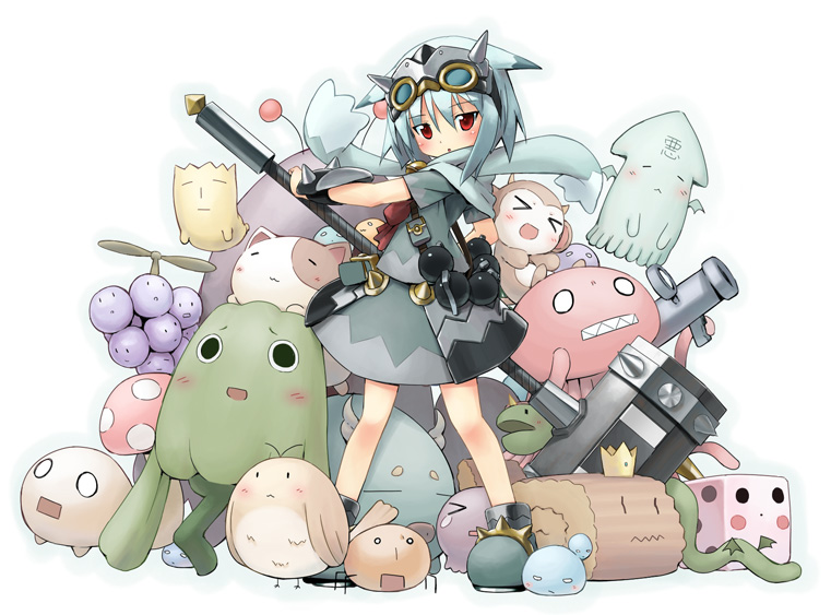 aikei_ake ake bird blue_hair cat crown explosive food fruit grapes grenade hammer m1_bazooka monkey mushroom original propeller red_eyes rocket_launcher scarf short_hair snake solo squid weapon