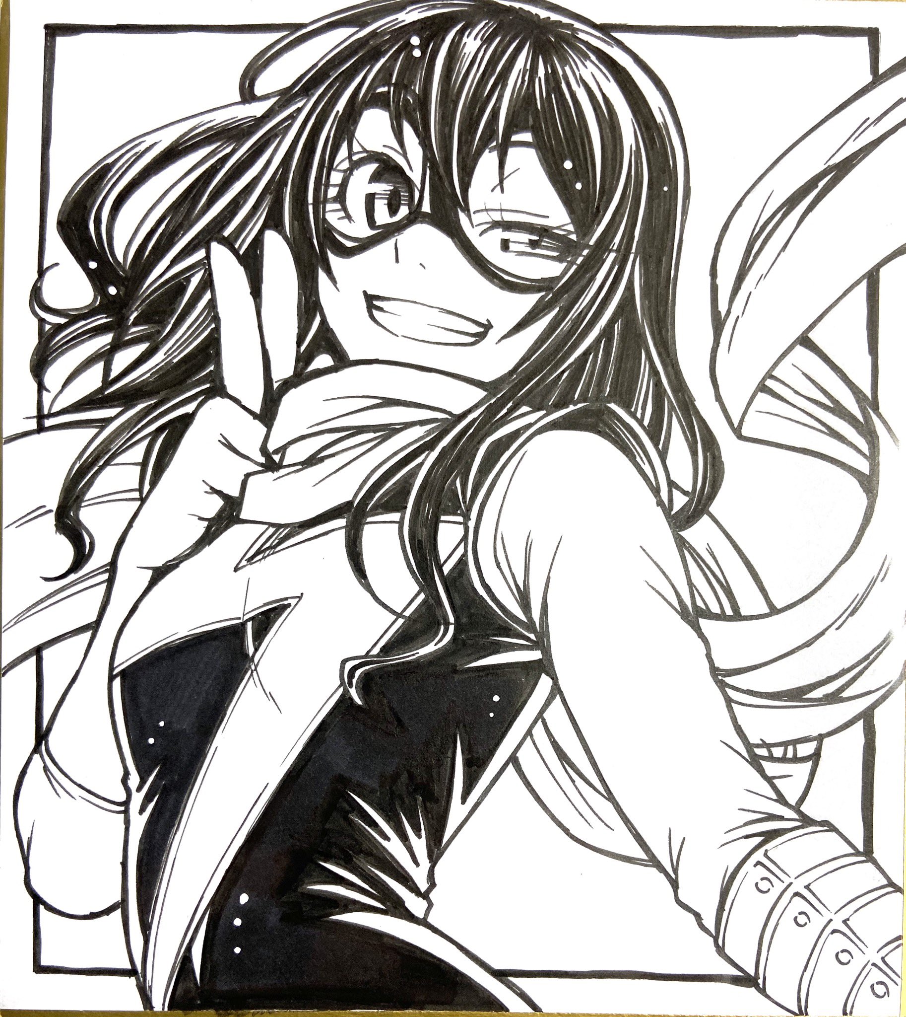 1girl animification breasts chiba_toshirou commentary_request domino_mask elbow_gloves gloves greyscale grin half-closed_eye highres kamala_khan marker_(medium) marvel mask monochrome ms._marvel scarf small_breasts smile solo superhero_costume traditional_media upper_body v
