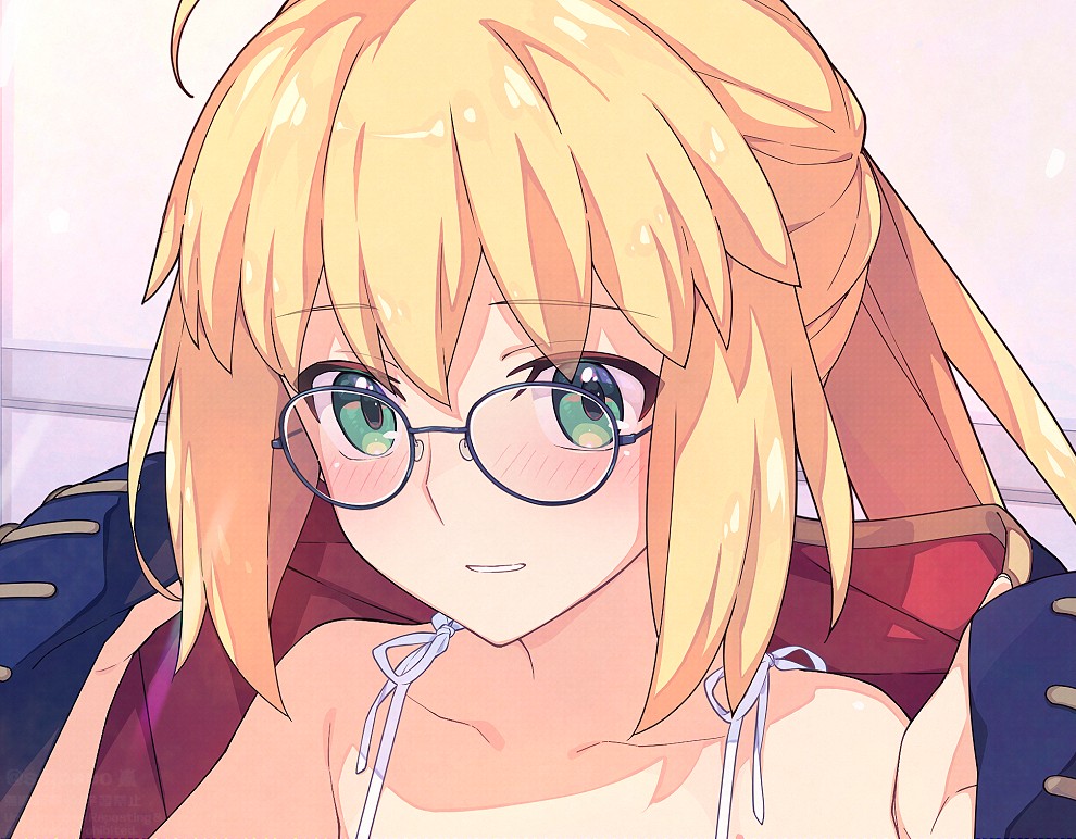 1girl ahoge artoria_caster_(fate) artoria_caster_(second_ascension)_(fate) artoria_pendragon_(fate) bare_shoulders blonde_hair blue_cape blush bra breasts cape fate/grand_order fate_(series) green_eyes long_hair looking_at_viewer saipaco small_breasts twintails underwear white_bra